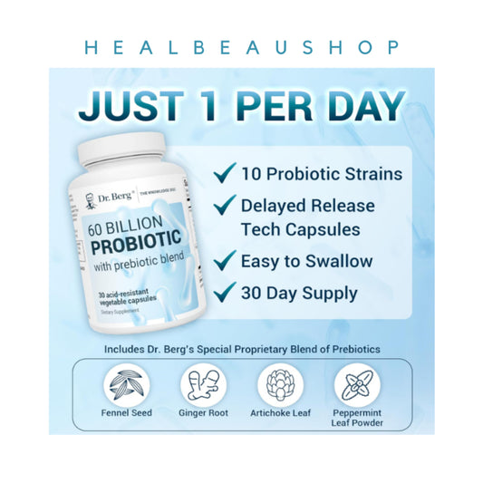Dr. Berg Probiotic 60 Billion CFU – 10 Strains + Prebiotics | 30 Capsules | Digestive & Gut Health Support | Original USA Product