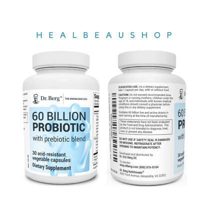 Dr. Berg Probiotic 60 Billion CFU – 10 Strains + Prebiotics | 30 Capsules | Digestive & Gut Health Support | Original USA Product