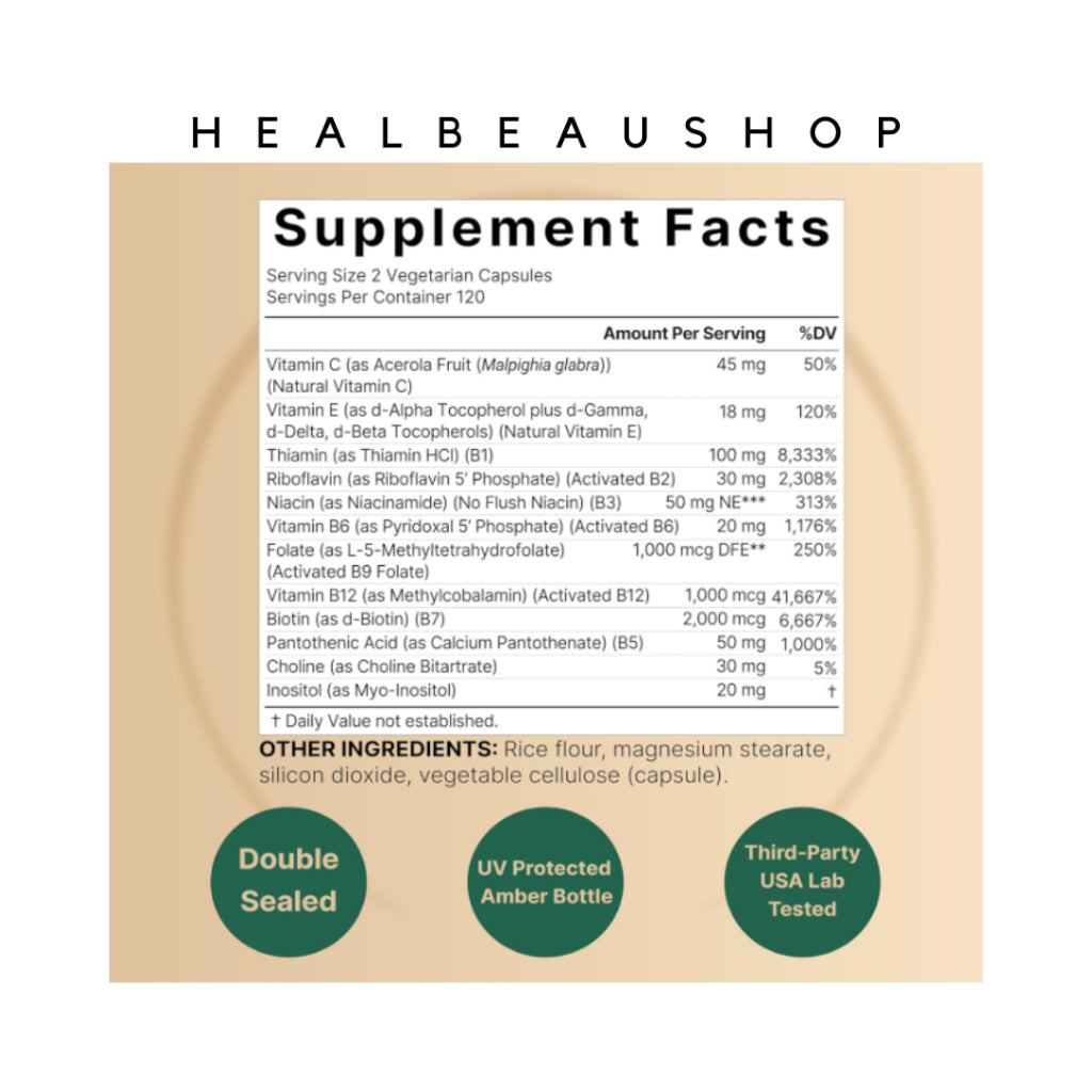 NatureBell Methylated B-Complex – B1, B2, B3, B5, B6, B12, Biotin, Folate & Choline | 240 Vegetarian Capsules | Original USA Product