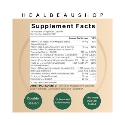 NatureBell Methylated B-Complex – B1, B2, B3, B5, B6, B12, Biotin, Folate & Choline | 240 Vegetarian Capsules | Original USA Product