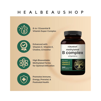 NatureBell Methylated B-Complex – B1, B2, B3, B5, B6, B12, Biotin, Folate & Choline | 240 Vegetarian Capsules | Original USA Product