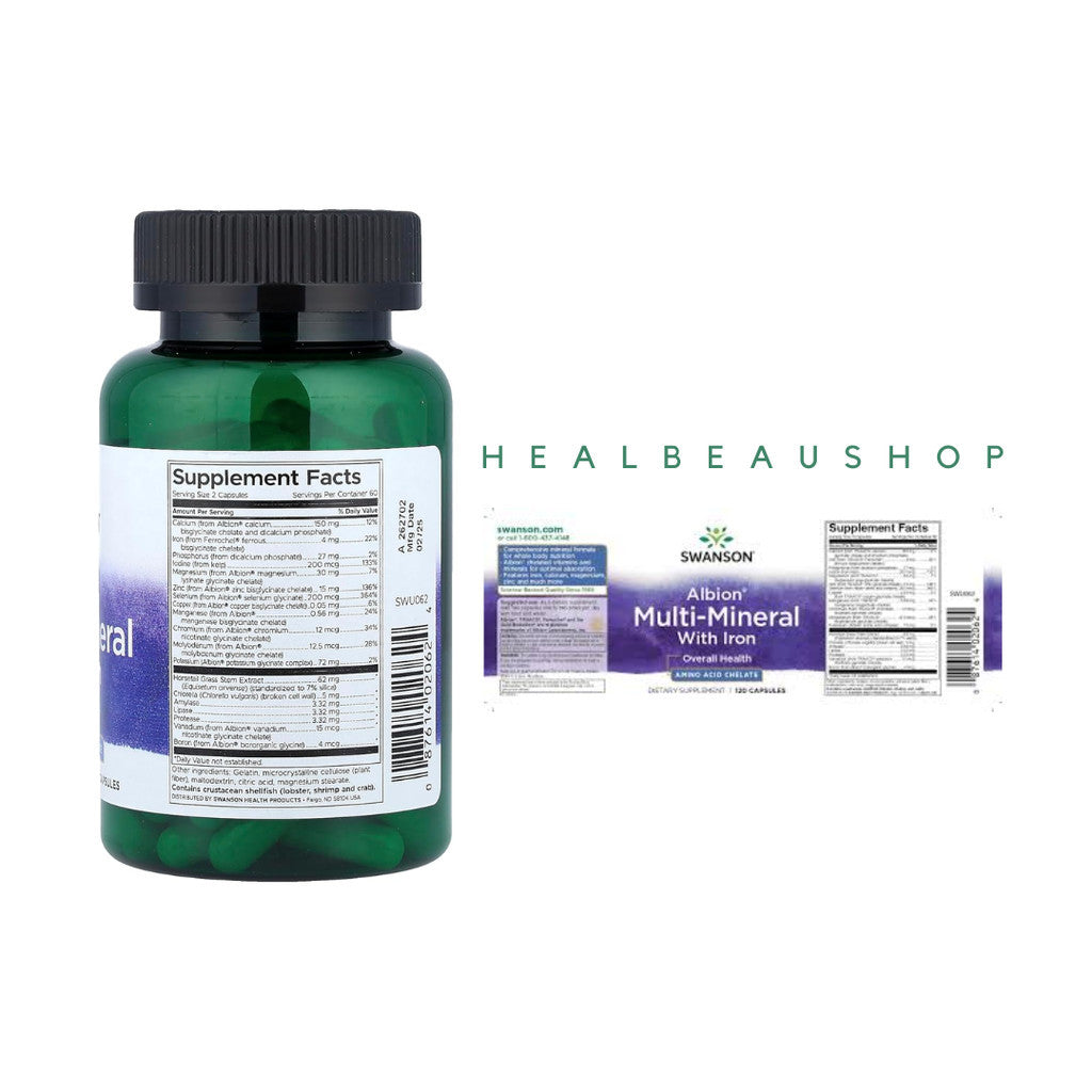 Swanson Albion® Multi-Mineral Complex With & Without Iron – 120 Capsules | Bone, Muscle & Full Body Mineral Support | Original USA Product