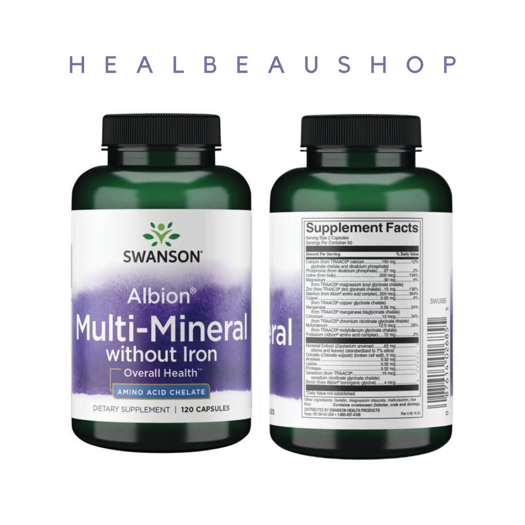 Swanson Albion® Multi-Mineral Complex With & Without Iron – 120 Capsules | Bone, Muscle & Full Body Mineral Support | Original USA Product