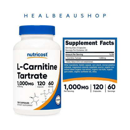 Nutricost L-Carnitine Tartrate 1000mg – 120 Capsules | Energy, Recovery & Performance Support | Original USA Product
