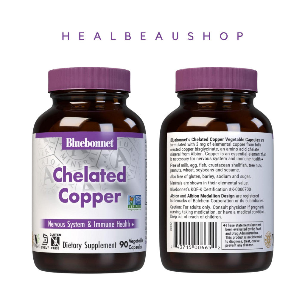 Bluebonnet Chelated Copper 3mg – 90 Vegetable Capsules | Brain, Immune & Nervous System Support