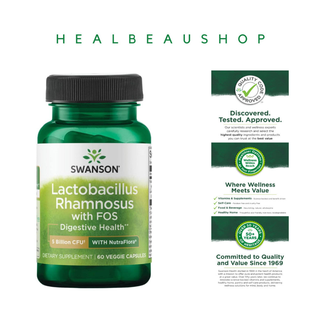 Swanson Lactobacillus Rhamnosus + Fructooligosaccharides (FOS) – 5 Billion CFU | 60 Vegetarian Capsules | Digestive & Immune Support | Original USA Product