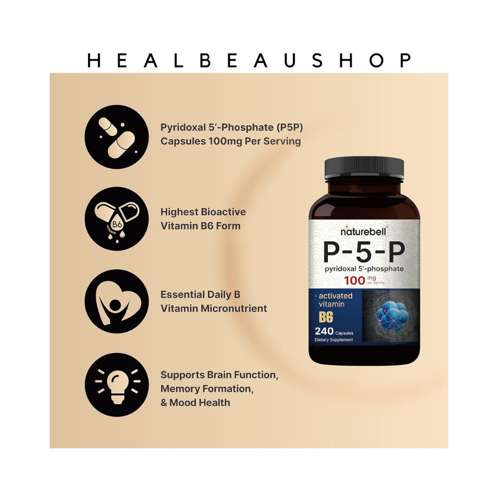 NatureBell P-5-P (Pyridoxal-5-Phosphate) 100mg – 240 Capsules | Active Vitamin B6 for Energy, Brain & Nervous System Support