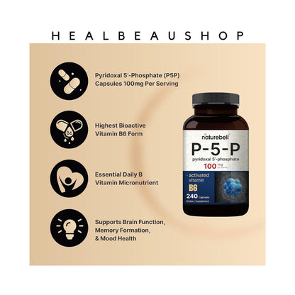 NatureBell P-5-P (Pyridoxal-5-Phosphate) 100mg – 240 Capsules | Active Vitamin B6 for Energy, Brain & Nervous System Support