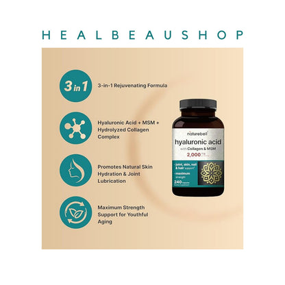 NatureBell Hyaluronic Acid 2000mg with MSM & Collagen – 240 Capsules | Skin, Joint & Beauty Support | Original USA Product