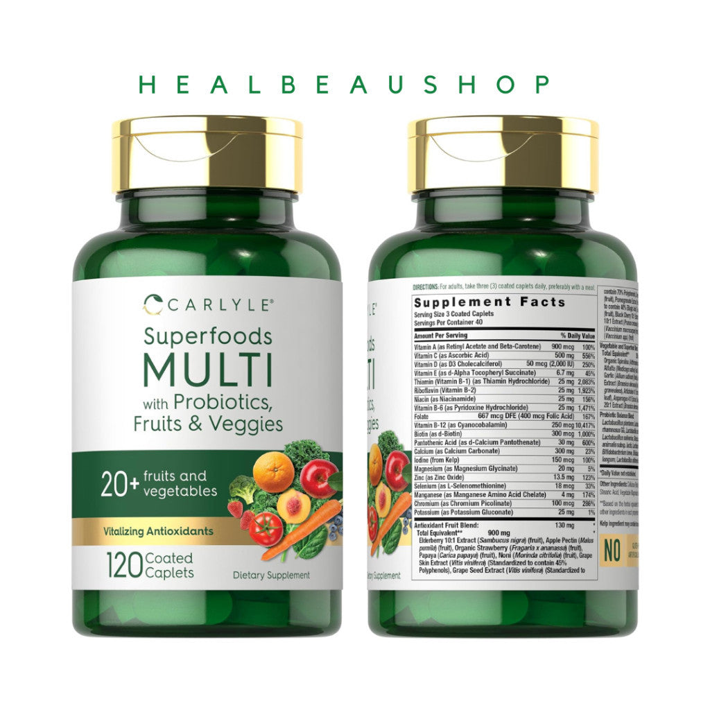 Carlyle Superfoods Multi with Probiotics, Fruits & Veggies – 120 Coated Caplets | Daily Multivitamin & Superfood Support | Original USA Product