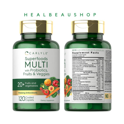 Carlyle Superfoods Multi with Probiotics, Fruits & Veggies – 120 Coated Caplets | Daily Multivitamin & Superfood Support | Original USA Product