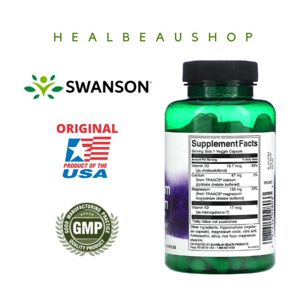 Swanson Albion® Magnesium Glycinate + Calcium + Vitamin D3 & K2 – 90 Vegetarian Capsules | Bone, Muscle & Cardiovascular Support | Original USA Product