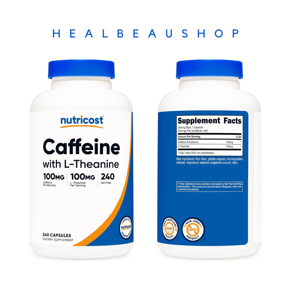 Nutricost Caffeine 100mg + L-Theanine 100mg – 240 Capsules | Energy, Focus & Calm Productivity Support | Original USA Product