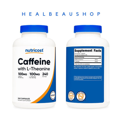 Nutricost Caffeine 100mg + L-Theanine 100mg – 240 Capsules | Energy, Focus & Calm Productivity Support | Original USA Product