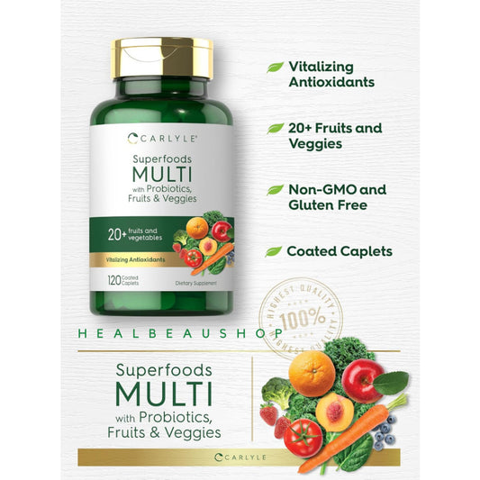 Carlyle Superfoods Multi with Probiotics, Fruits & Veggies – 120 Coated Caplets | Daily Multivitamin & Superfood Support | Original USA Product