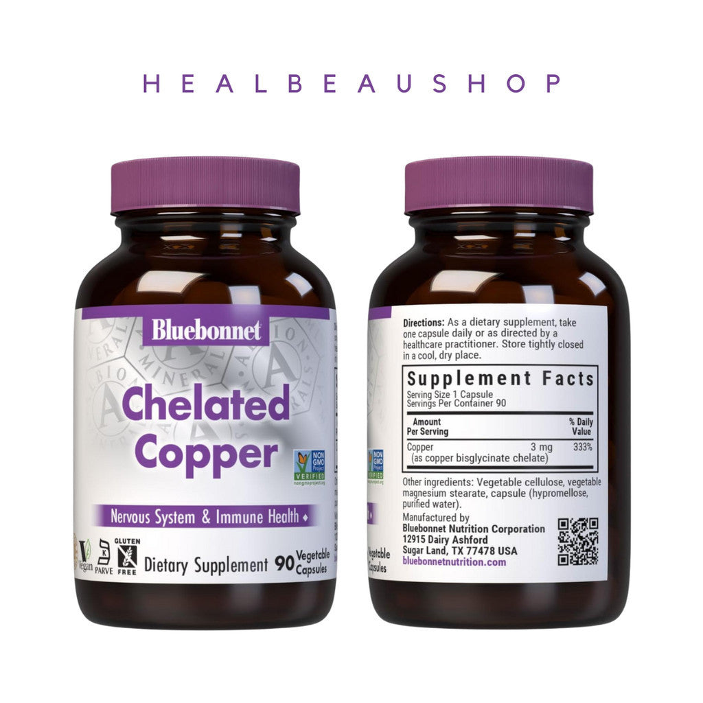 Bluebonnet Chelated Copper 3mg – 90 Vegetable Capsules | Brain, Immune & Nervous System Support