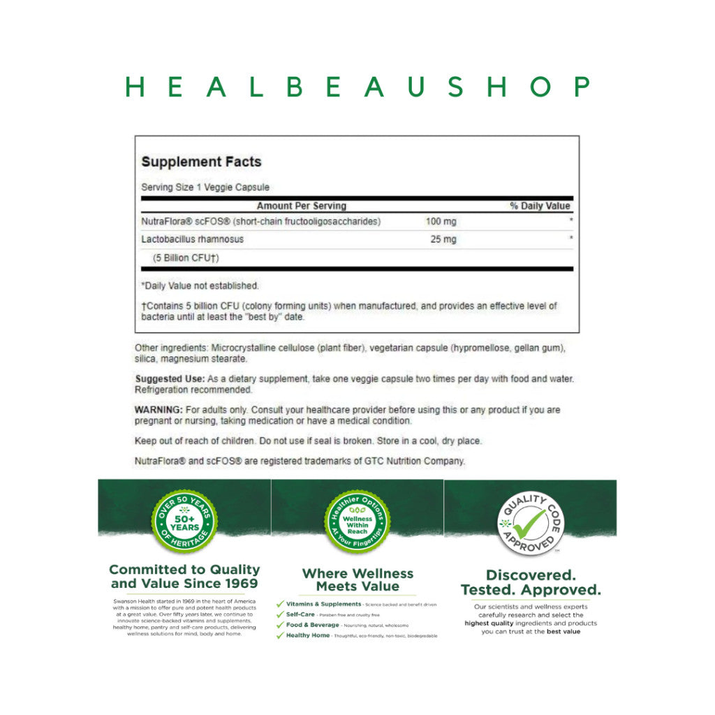 Swanson Lactobacillus Rhamnosus + Fructooligosaccharides (FOS) – 5 Billion CFU | 60 Vegetarian Capsules | Digestive & Immune Support | Original USA Product