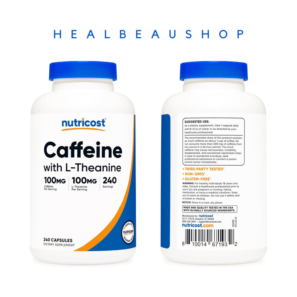 Nutricost Caffeine 100mg + L-Theanine 100mg – 240 Capsules | Energy, Focus & Calm Productivity Support | Original USA Product