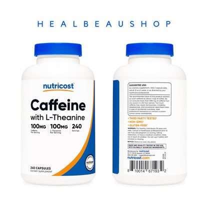 Nutricost Caffeine 100mg + L-Theanine 100mg – 240 Capsules | Energy, Focus & Calm Productivity Support | Original USA Product
