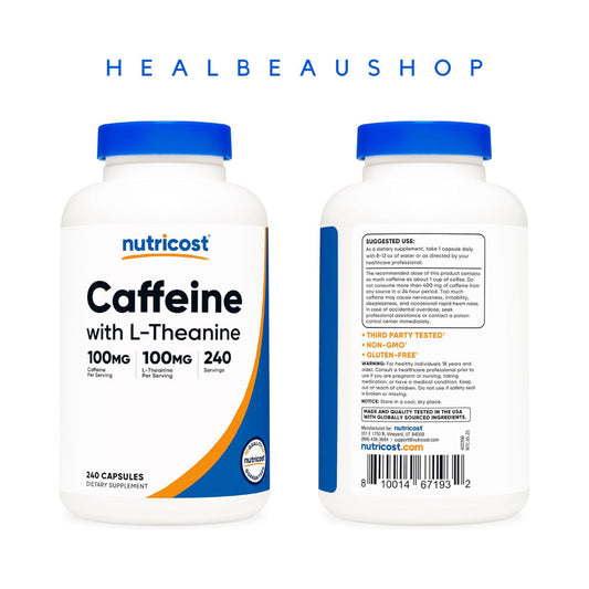 Nutricost Caffeine 100mg + L-Theanine 100mg – 240 Capsules | Energy, Focus & Calm Productivity Support | Original USA Product