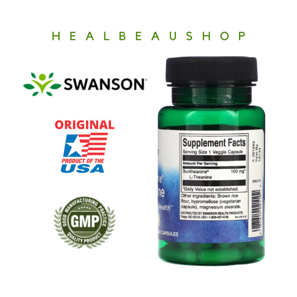 Swanson Ultra Suntheanine® L-Theanine 100mg – 60 Vegetarian Capsules | Brain, Stress &amp; Calm Focus Support | Original USA Product