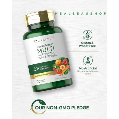 Carlyle Superfoods Multi with Probiotics, Fruits & Veggies – 120 Coated Caplets | Daily Multivitamin & Superfood Support | Original USA Product