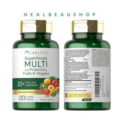 Carlyle Superfoods Multi with Probiotics, Fruits & Veggies – 120 Coated Caplets | Daily Multivitamin & Superfood Support | Original USA Product
