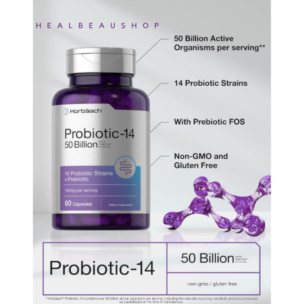 Horbaach Probiotic + Prebiotic 50 Billion CFU – 60 Capsules | Digestive, Gut & Stomach Health Support