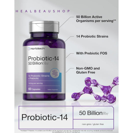Horbaach Probiotic + Prebiotic 50 Billion CFU – 60 Capsules | Digestive, Gut & Stomach Health Support