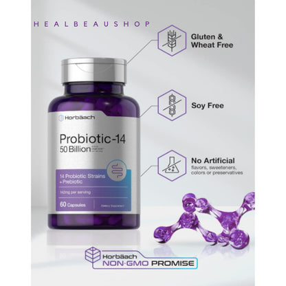 Horbaach Probiotic + Prebiotic 50 Billion CFU – 60 Capsules | Digestive, Gut & Stomach Health Support