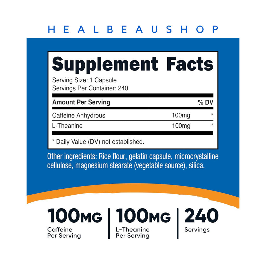 Nutricost Caffeine 100mg + L-Theanine 100mg – 240 Capsules | Energy, Focus & Calm Productivity Support | Original USA Product