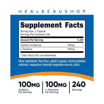Nutricost Caffeine 100mg + L-Theanine 100mg – 240 Capsules | Energy, Focus & Calm Productivity Support | Original USA Product