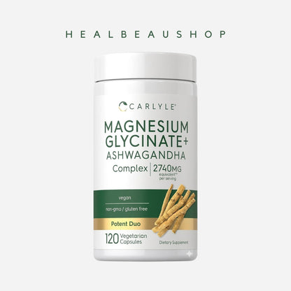 Carlyle Magnesium Glycinate + Ashwagandha 2740mg – 120 Vegetarian Capsules | Stress, Relaxation & Sleep Support | Original USA Product