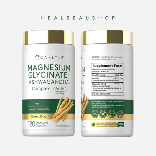 Carlyle Magnesium Glycinate + Ashwagandha 2740mg – 120 Vegetarian Capsules | Stress, Relaxation & Sleep Support | Original USA Product