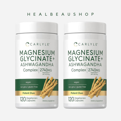 Carlyle Magnesium Glycinate + Ashwagandha 2740mg – 120 Vegetarian Capsules | Stress, Relaxation & Sleep Support | Original USA Product