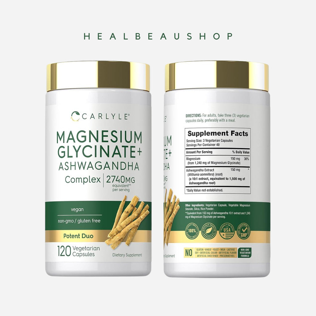 Carlyle Magnesium Glycinate + Ashwagandha 2740mg – 120 Vegetarian Capsules | Stress, Relaxation & Sleep Support | Original USA Product