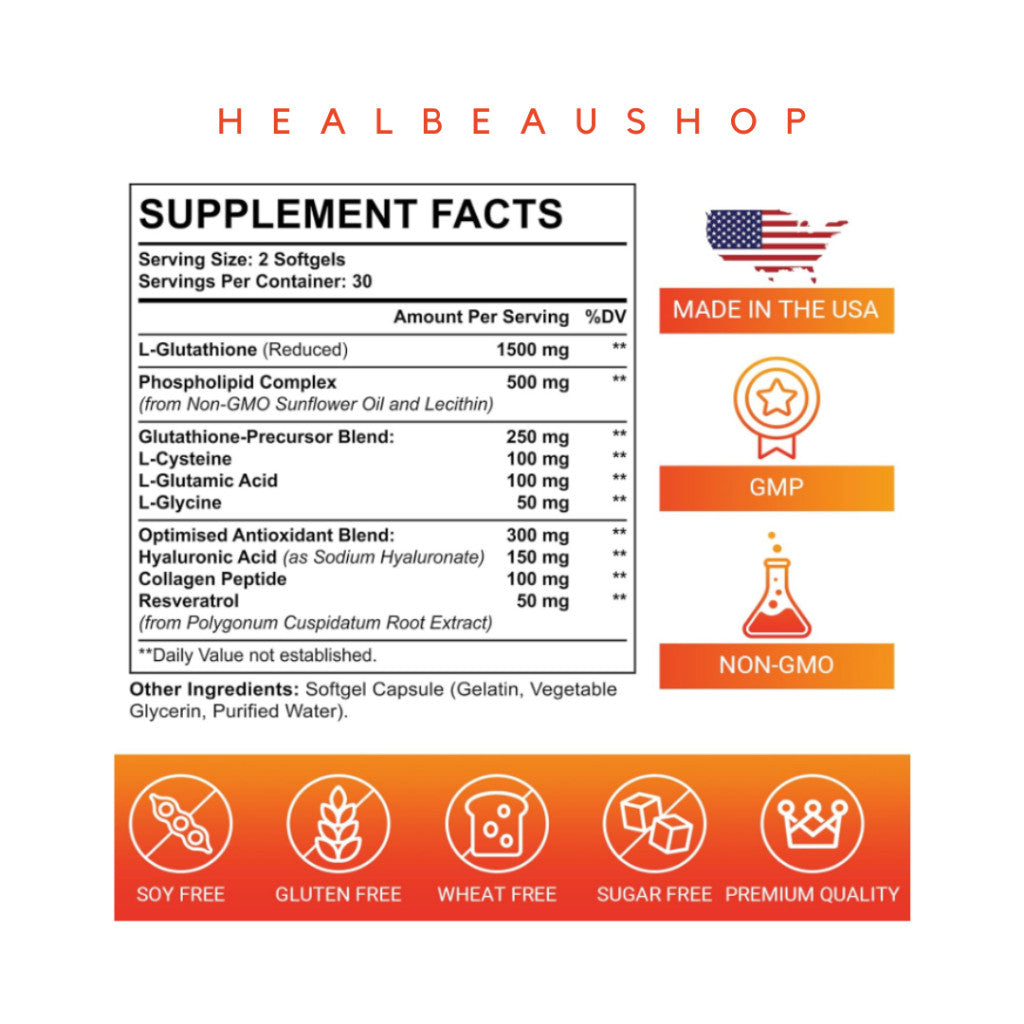 Liposomal Glutathione 2550mg with Hyaluronic Acid, Resveratrol & Collagen Peptides | Antioxidant & Healthy Aging Support | Original USA Product