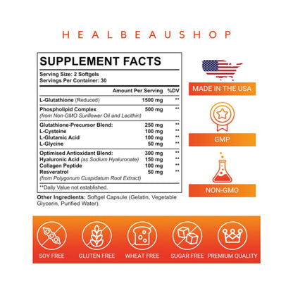 Liposomal Glutathione 2550mg with Hyaluronic Acid, Resveratrol & Collagen Peptides | Antioxidant & Healthy Aging Support | Original USA Product