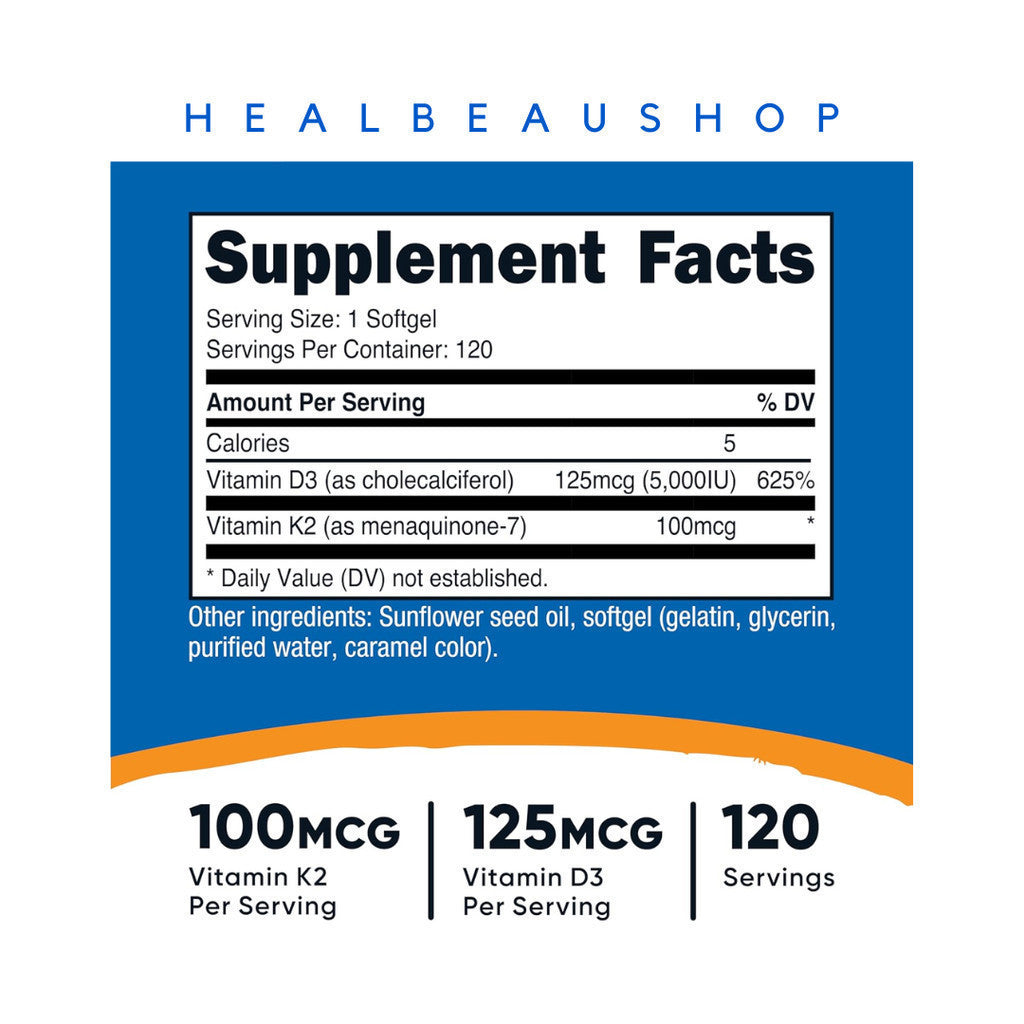 Nutricost Vitamin K2 (MK-7) 100mcg + Vitamin D3 5000 IU – 120 & 240 Softgels | Bone, Heart & Immune Support