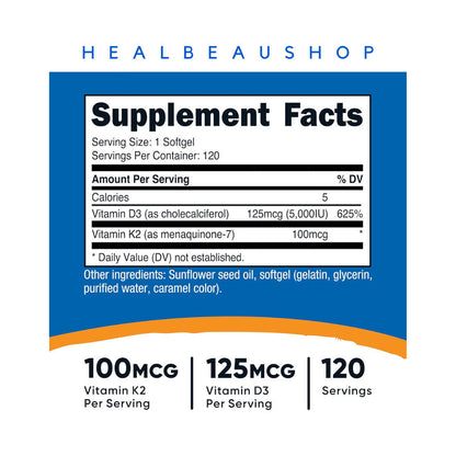 Nutricost Vitamin K2 (MK-7) 100mcg + Vitamin D3 5000 IU – 120 & 240 Softgels | Bone, Heart & Immune Support