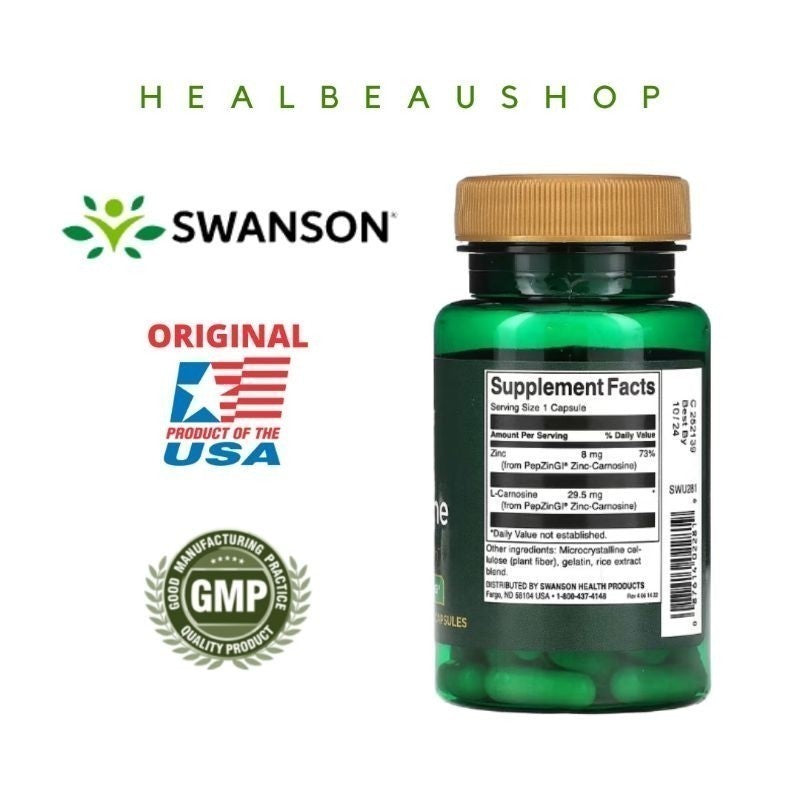 Swanson Zinc Carnosine (PepZin GI®) 60mg – Stomach & Digestive Support | 60 Capsules | Original USA Product