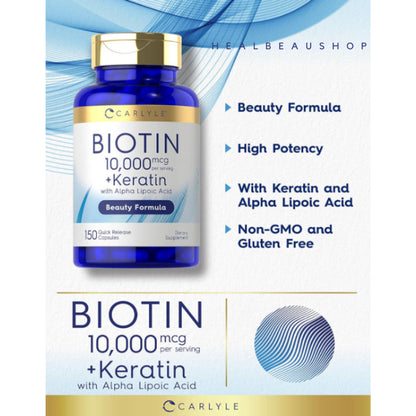 Carlyle Biotin 5,000mcg / 10,000mcg + Keratin & Alpha Lipoic Acid – 150 Capsules | Hair, Skin & Nail Support | Original USA Product