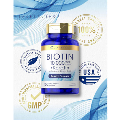 Carlyle Biotin 5,000mcg / 10,000mcg + Keratin & Alpha Lipoic Acid – 150 Capsules | Hair, Skin & Nail Support | Original USA Product