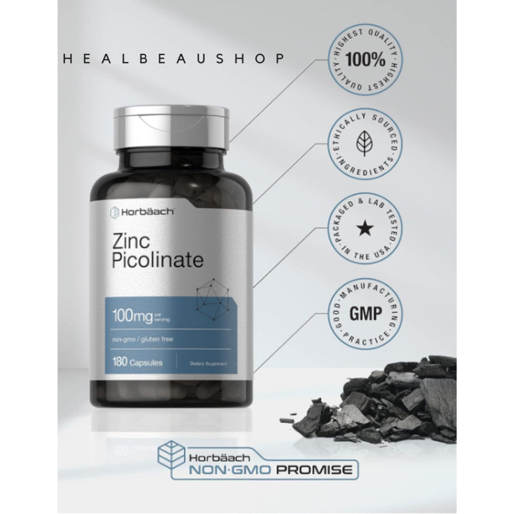 Horbaach Zinc Picolinate 100mg – 180 Capsules | Immune & Antioxidant Support | Original USA Product