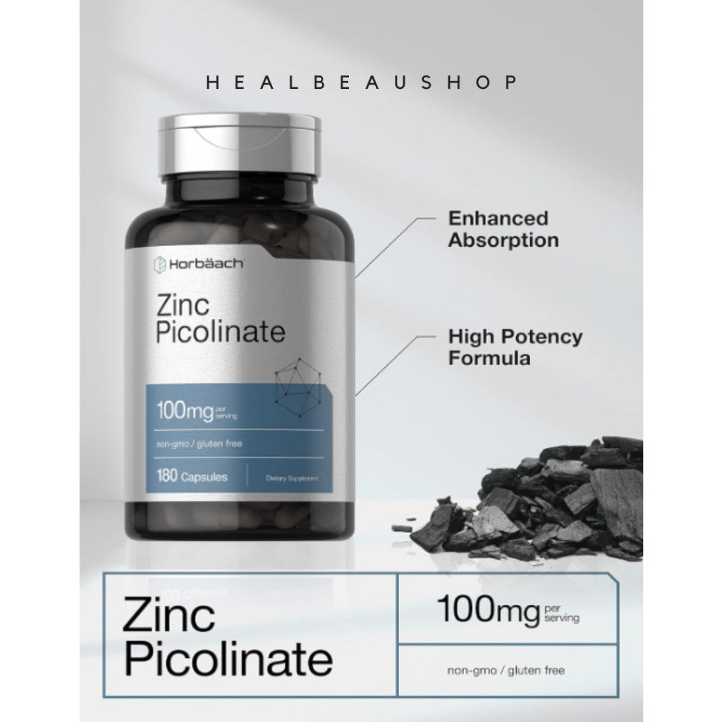 Horbaach Zinc Picolinate 100mg – 180 Capsules | Immune & Antioxidant Support | Original USA Product