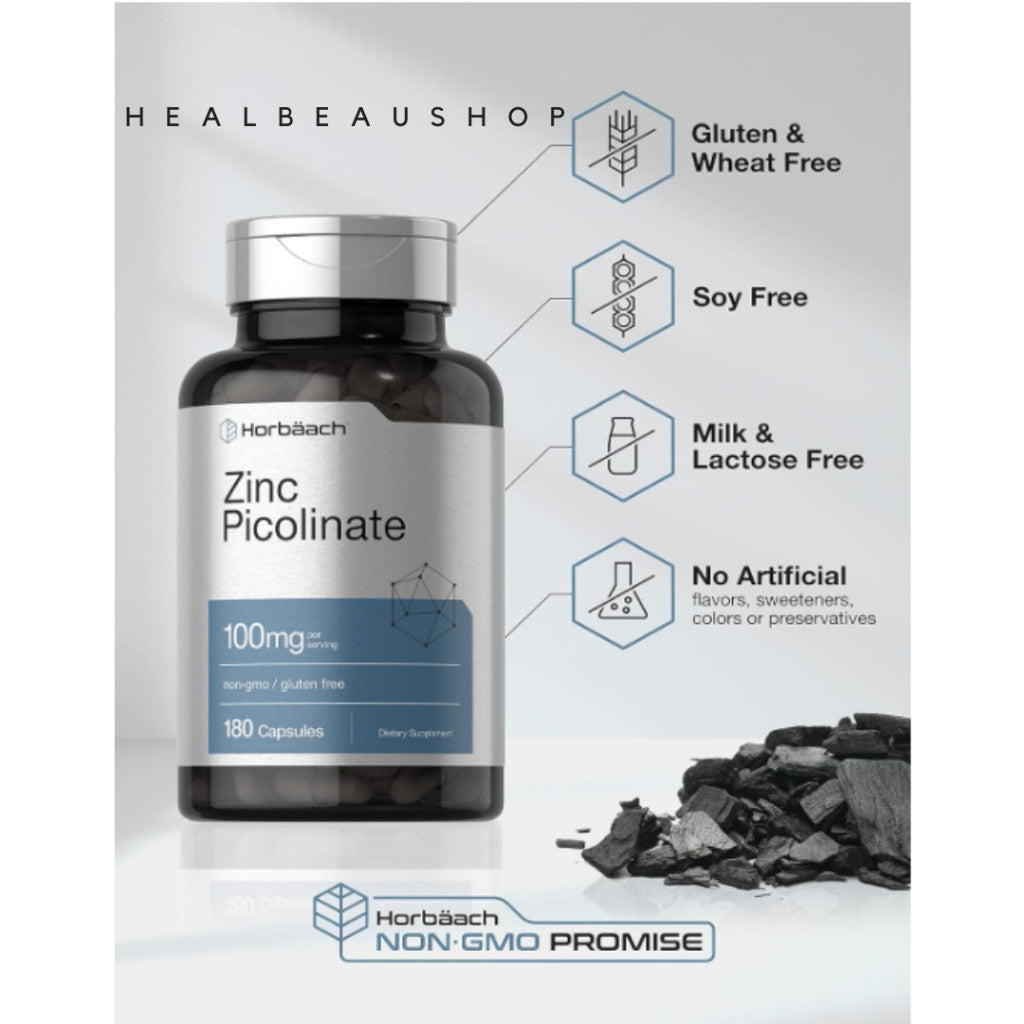 Horbaach Zinc Picolinate 100mg – 180 Capsules | Immune & Antioxidant Support | Original USA Product