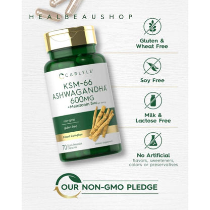 Carlyle Ashwagandha 600mg + Melatonin 5mg – Sleep, Stress & Relaxation Support | Original USA Product