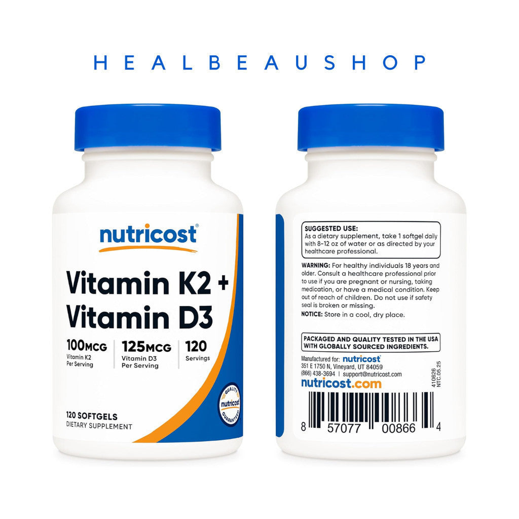 Nutricost Vitamin K2 (MK-7) 100mcg + Vitamin D3 5000 IU – 120 & 240 Softgels | Bone, Heart & Immune Support
