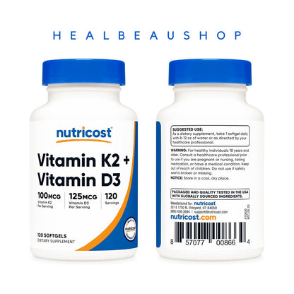 Nutricost Vitamin K2 (MK-7) 100mcg + Vitamin D3 5000 IU – 120 & 240 Softgels | Bone, Heart & Immune Support