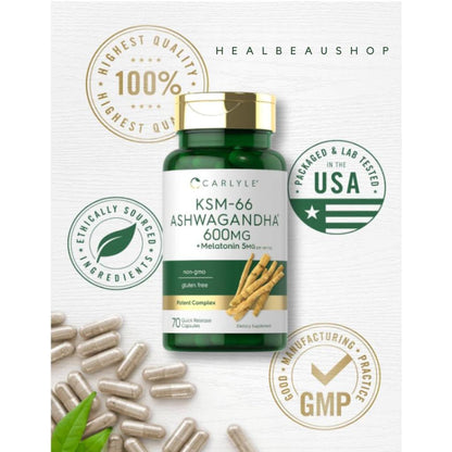 Carlyle Ashwagandha 600mg + Melatonin 5mg – Sleep, Stress & Relaxation Support | Original USA Product